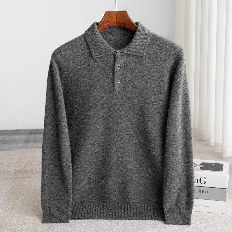 Prestige men's 100% fine wool long-sleeve polo knit in Gray