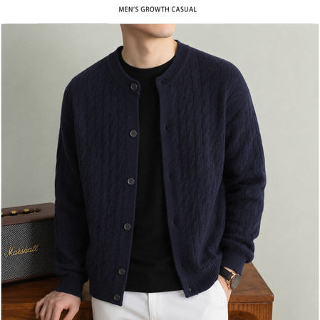 Prestige men's cable-knit crewneck cardigan in navy blue