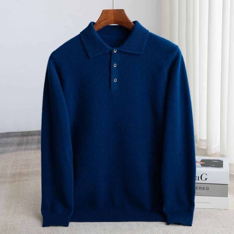 ​Prestige men's 100% fine wool long-sleeve polo knit in blue
