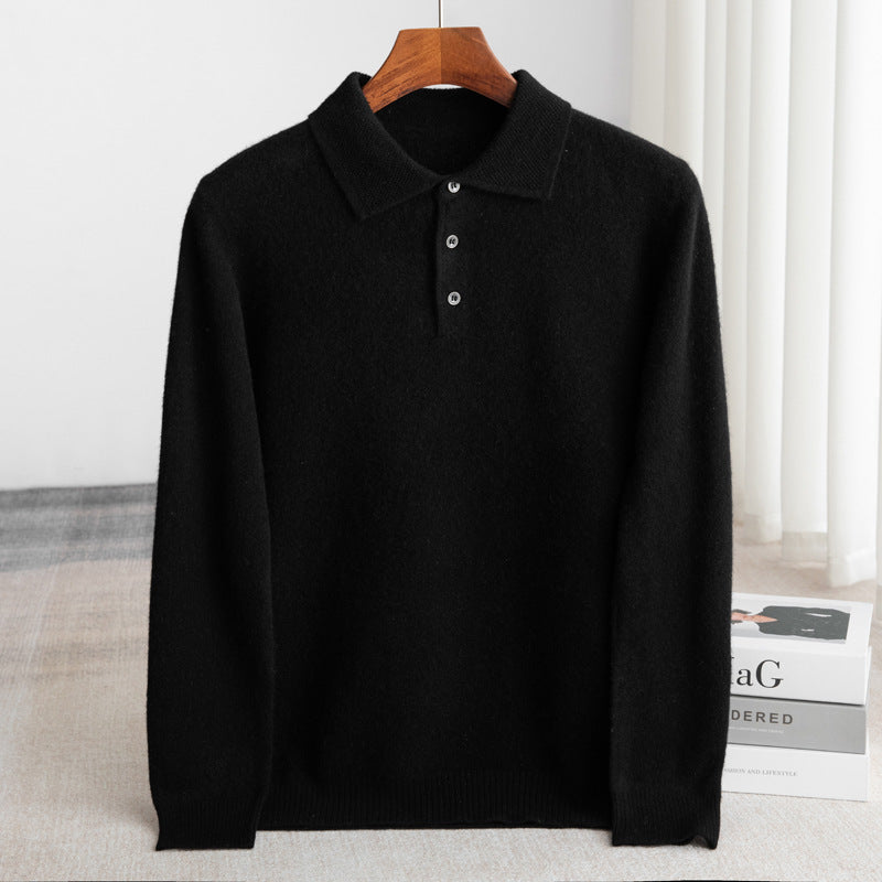 Prestige men's 100% fine wool long-sleeve polo knit in classic black