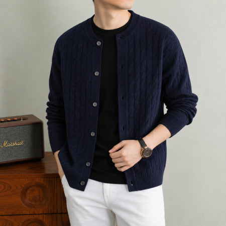 Prestige men's cable-knit crewneck cardigan in navy blue