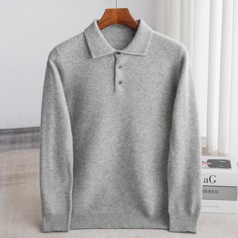 ​Prestige men's 100% fine wool long-sleeve polo knit in Gray