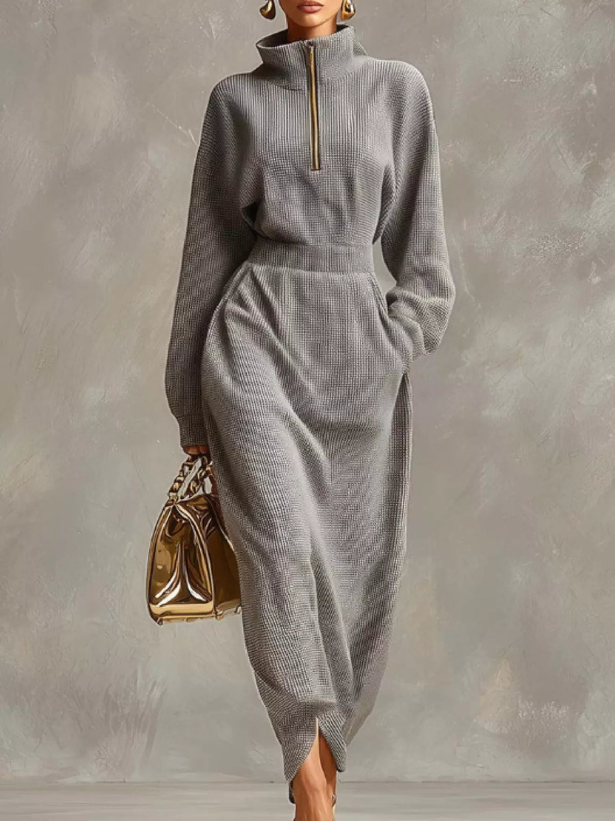 Front view of a woman wearing a grey knit midi dress featuring a waffle texture, long sleeves, and a gold quarter-zip collar, standing against a neutral background.
