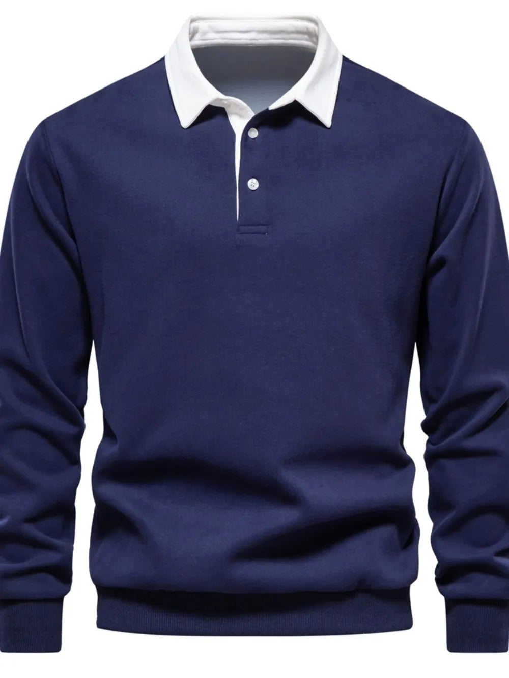 A men's long-sleeve polo shirt in navy blue with a contrasting white collar and white buttons, shown on a plain white background.