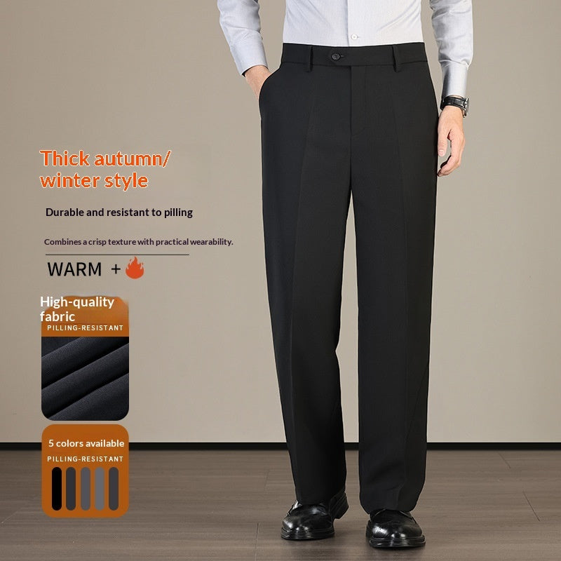 Front view of men's charcoal grey straight-leg tailored dress trousers with a clean vertical crease  