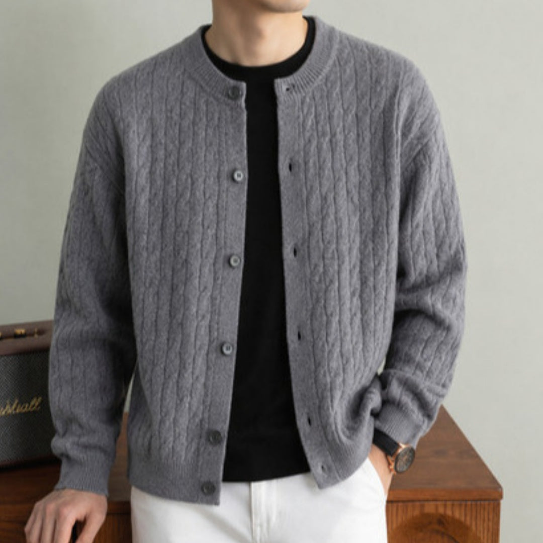 Prestige men's cable-knit crewneck cardigan in gray