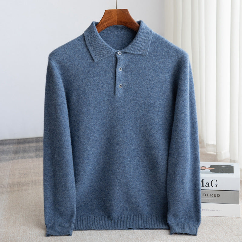 Blue men's fine wool long-sleeve polo knit showing hem and texture