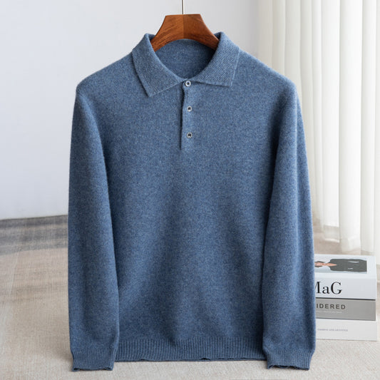 Blue men's fine wool long-sleeve polo knit showing hem and texture