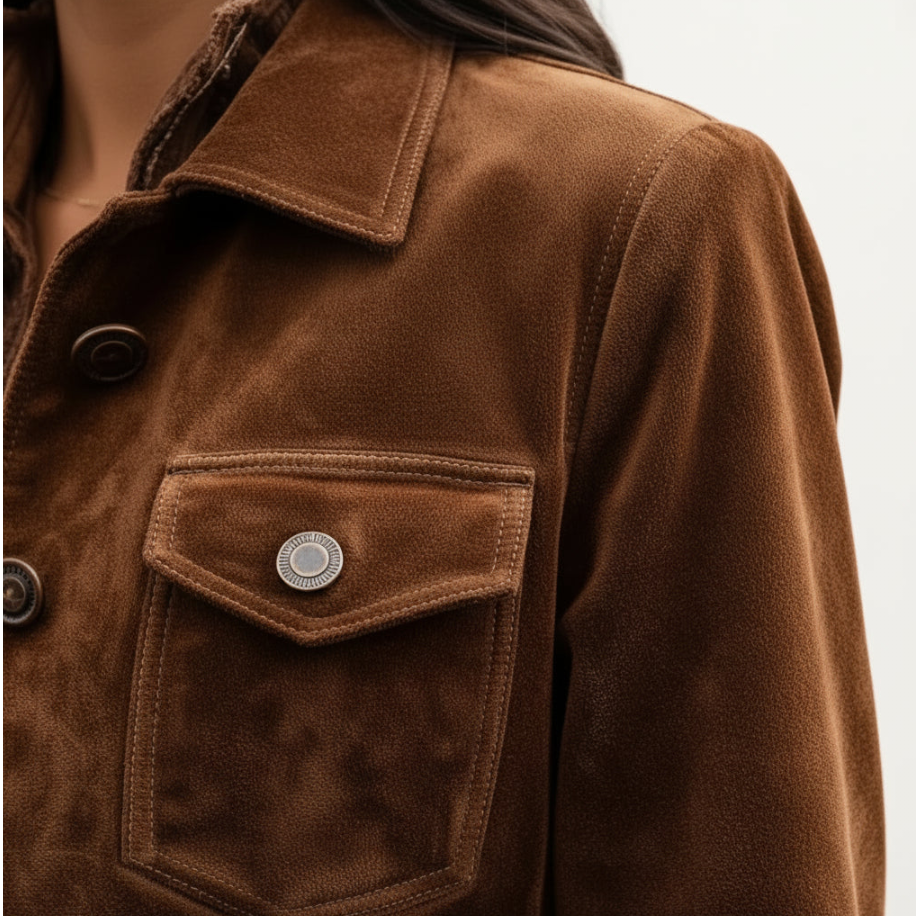 Season pestige brown suede velvet jacket with a classic collar and utility chest pocket, featuring premium stitching.