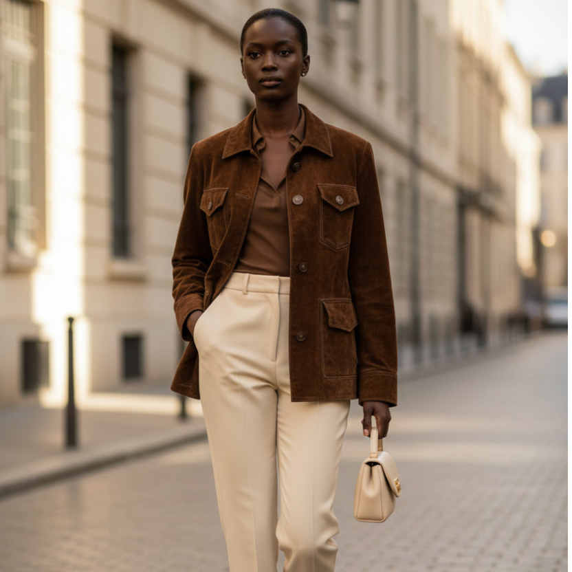 Model wearing a brown Season pestige suede velvet jacket with utility pockets, styled with cream trousers on a city street.