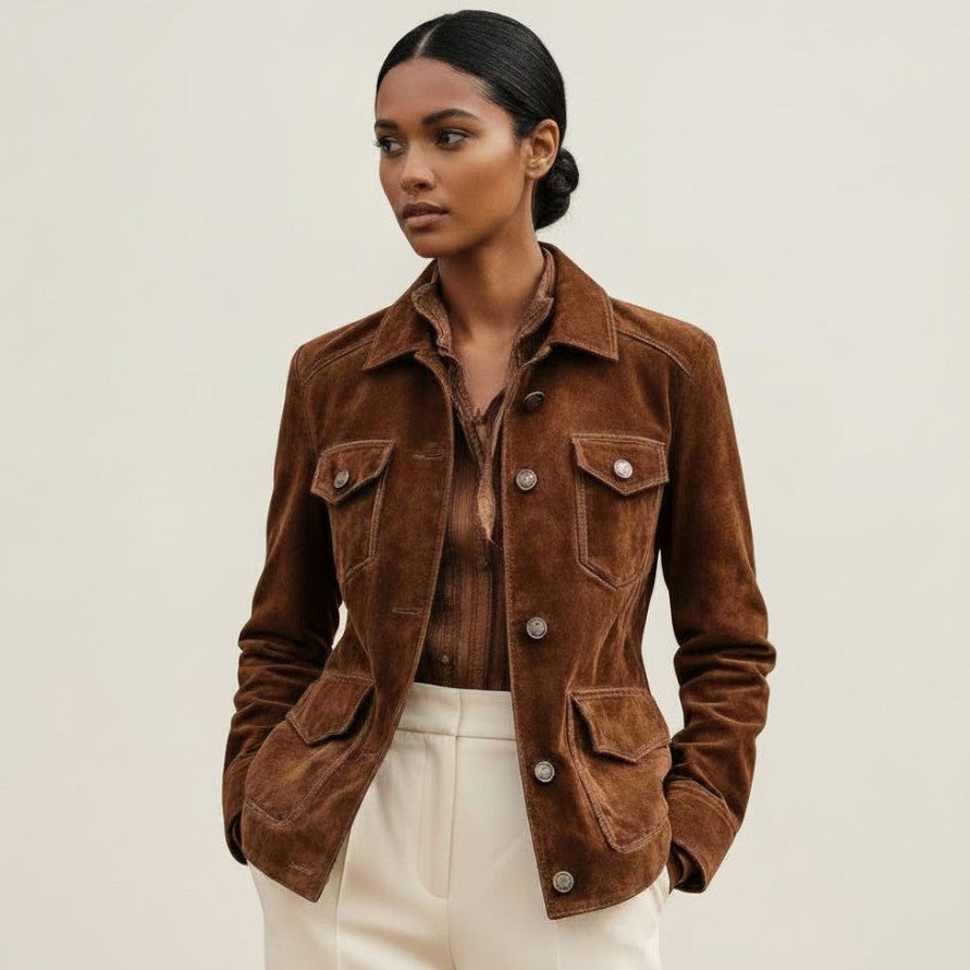 Season pestige Sovereign retro brown suede velvet jacket with utility pockets and a relaxed fit on a model