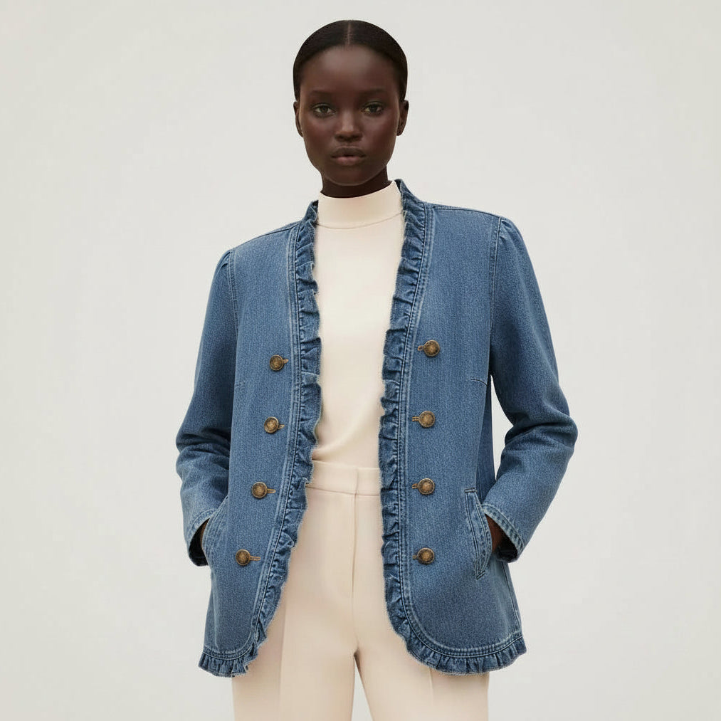 Season Prestige women's premium loose-fit heavyweight denim shirt jacket featuring refined button detailing.