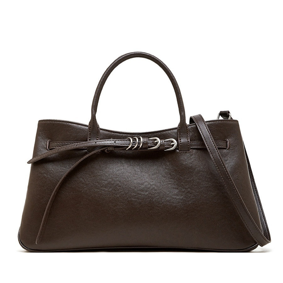 Sovereign luxury handbag satchel crossbody tote in a deep chocolate brown finish on a white background