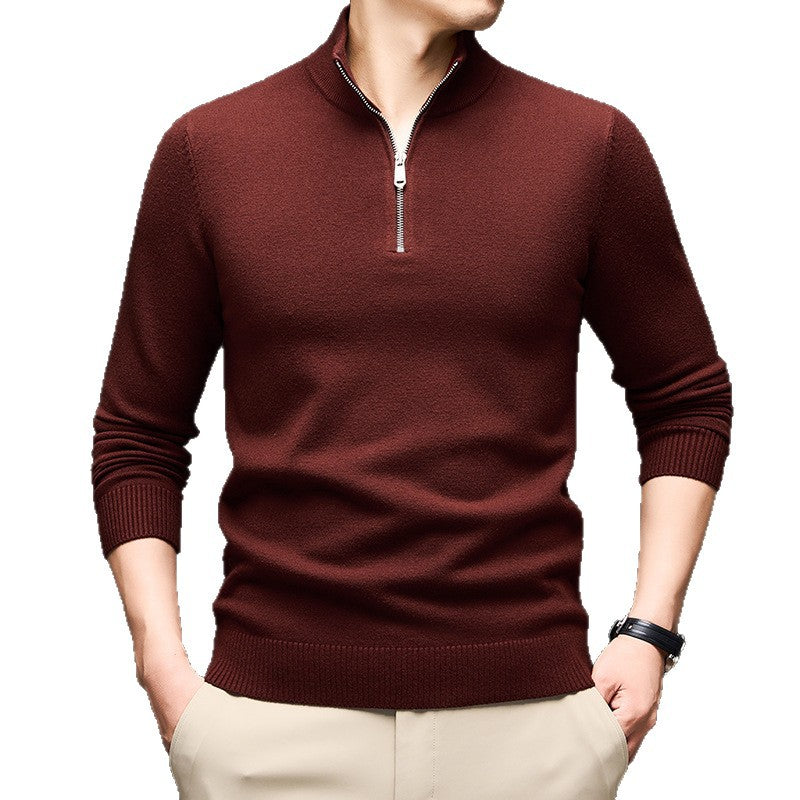 A man wearing a dark burgundy ribbed knit quarter-Structured Half-Zip Wool Sweater with silver zipper by Season Prestige