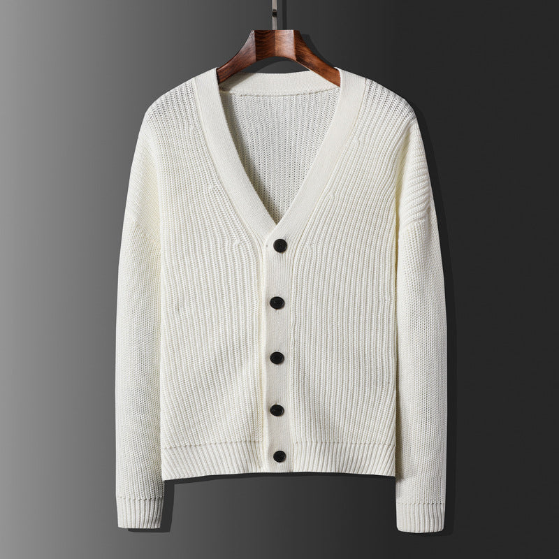 ​Structured Ribbed V-Neck Cardigan in cream with contrast buttons by Season Prestige